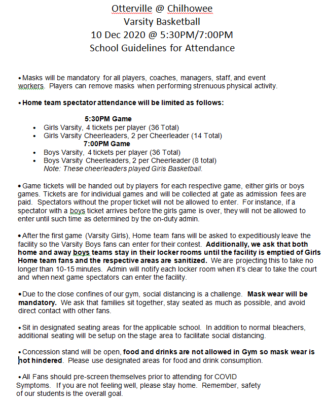 Chilhowee Indians Basketball - New Covid-19 Guidelines for Home Games